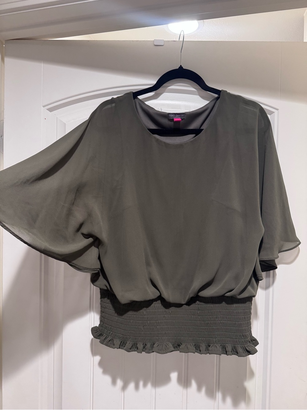 Vince Camuto Olive Green Smocked-Hem Flutter Blouse